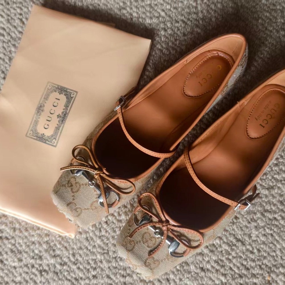 Gucci Beige GG Canvas Mary Jane Flats with Tan Leather Trim and Bow